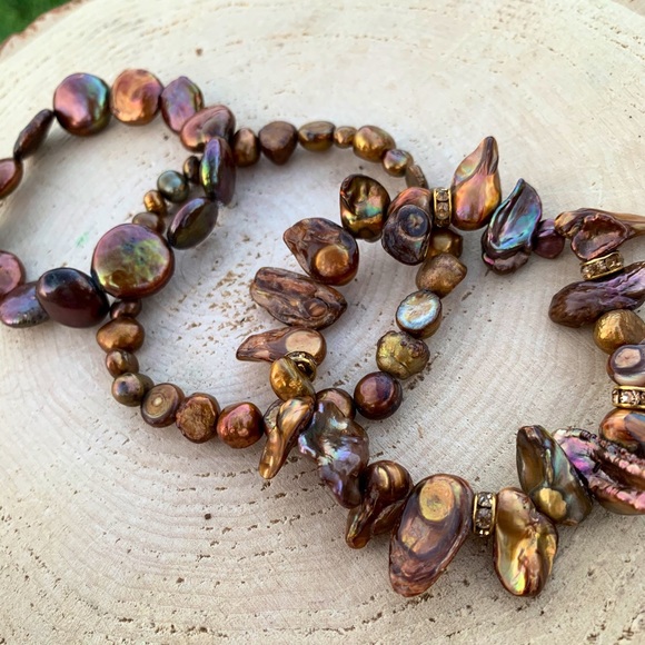 Natural Brown & Copper Cultured Baroque High Luster Freshwater Pearl Bracelets - Picture 7 of 15